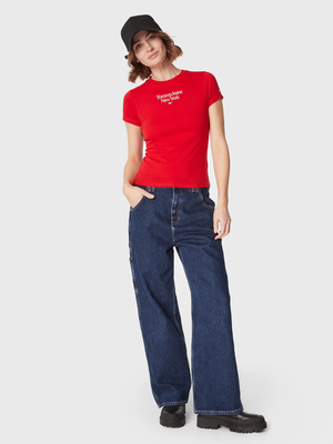 Tommy Jeans dámské červené tričko ESSENTIAL LOGO - XS (XNL)