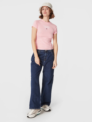 Tommy Jeans dámské růžové tričko ESSENTIAL LOGO - XS (TG0)