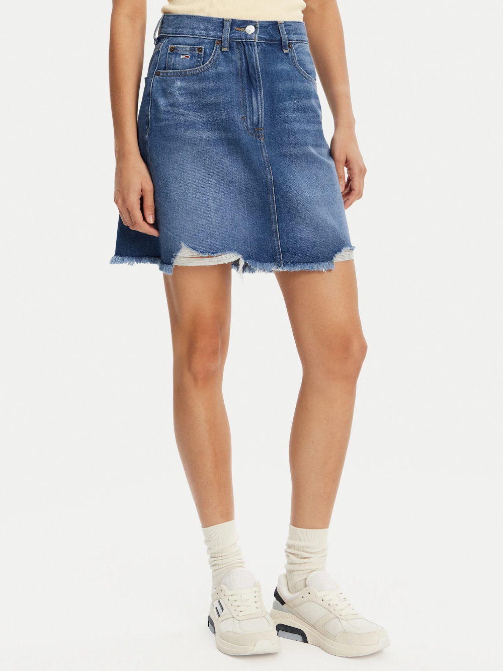 detail Tommy Jeans dámská modrá džínová sukně