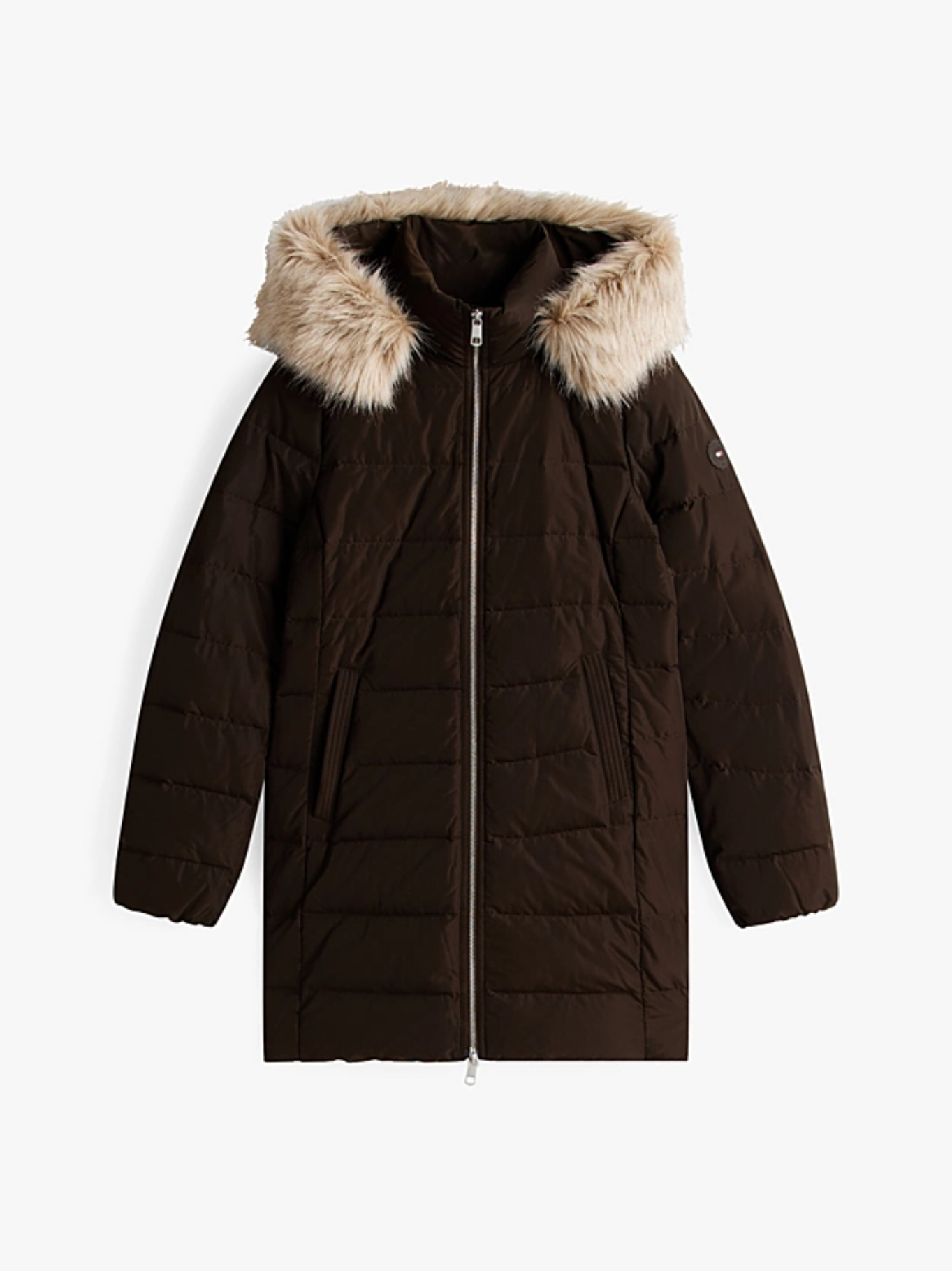 detail Tommy Hilfiger dámská hnědá péřová bunda