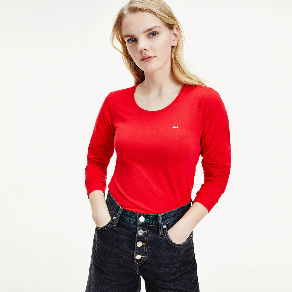 Tommy Jeans dámské červené tričko s dlouhým rukávem Jersey  - S (XNL)