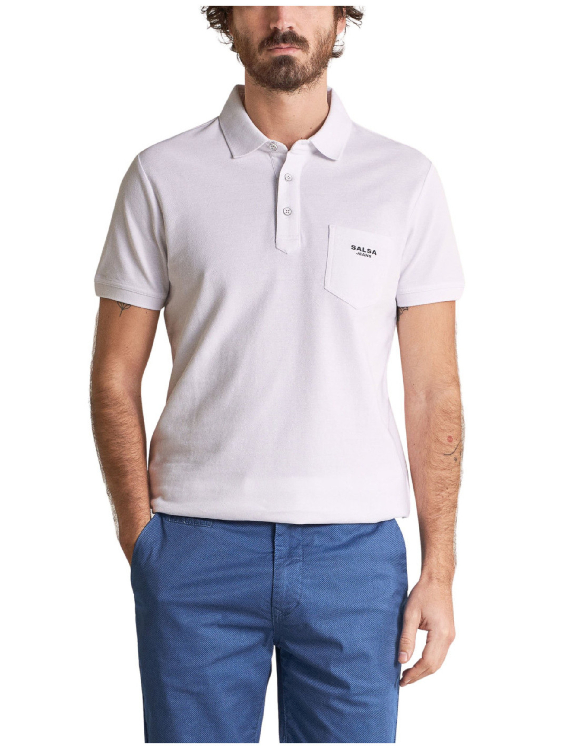 Levně Salsa Jeans pánské bílé polo tričko