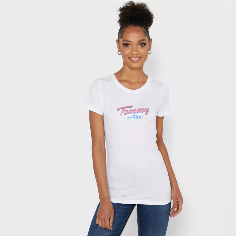 Tommy Jeans dámské bílé tričko s potiskem - M (YBR)