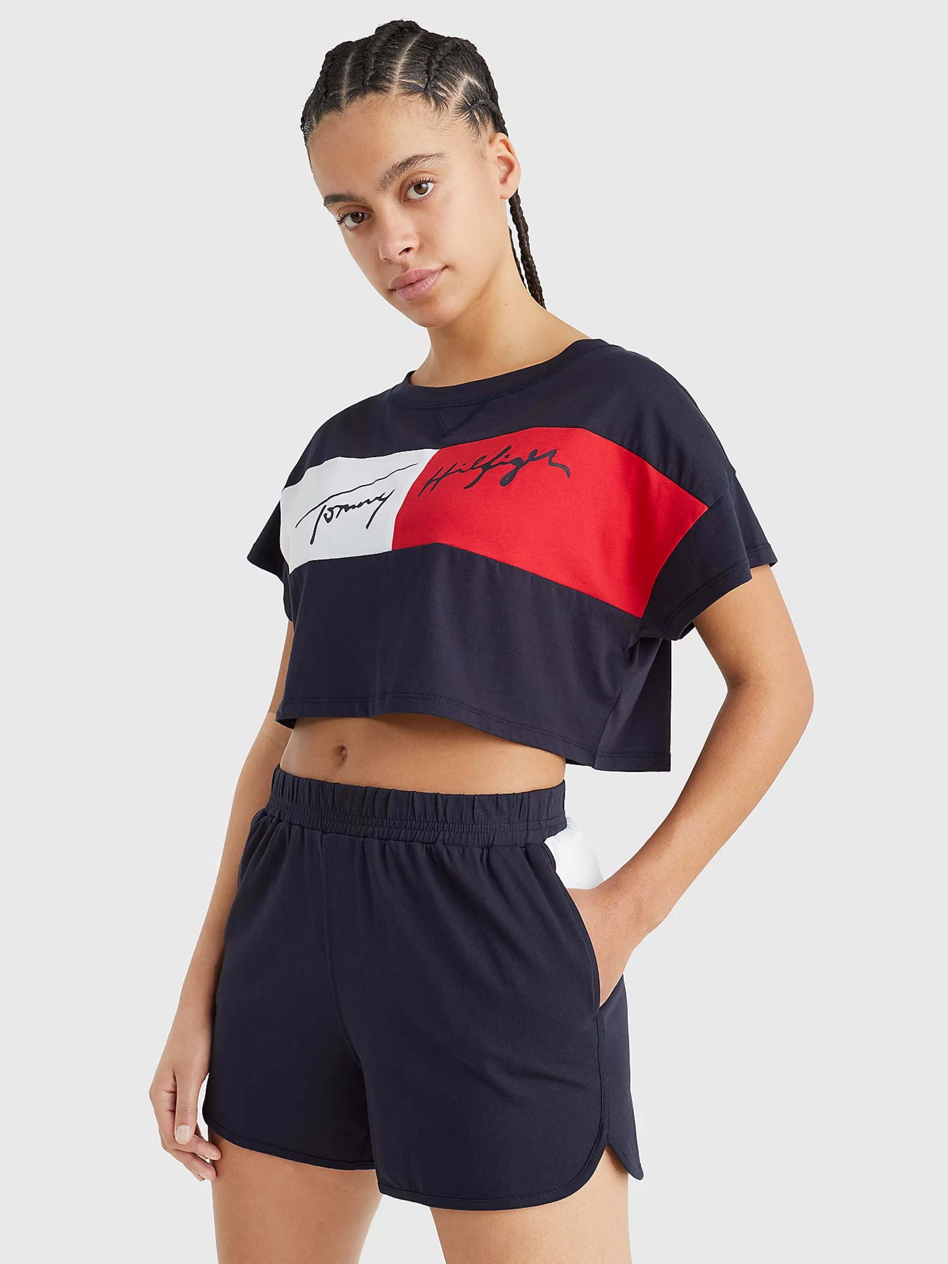 Tommy Hilfiger dámské tmavě modré triko CROPPED  - M (DW5)