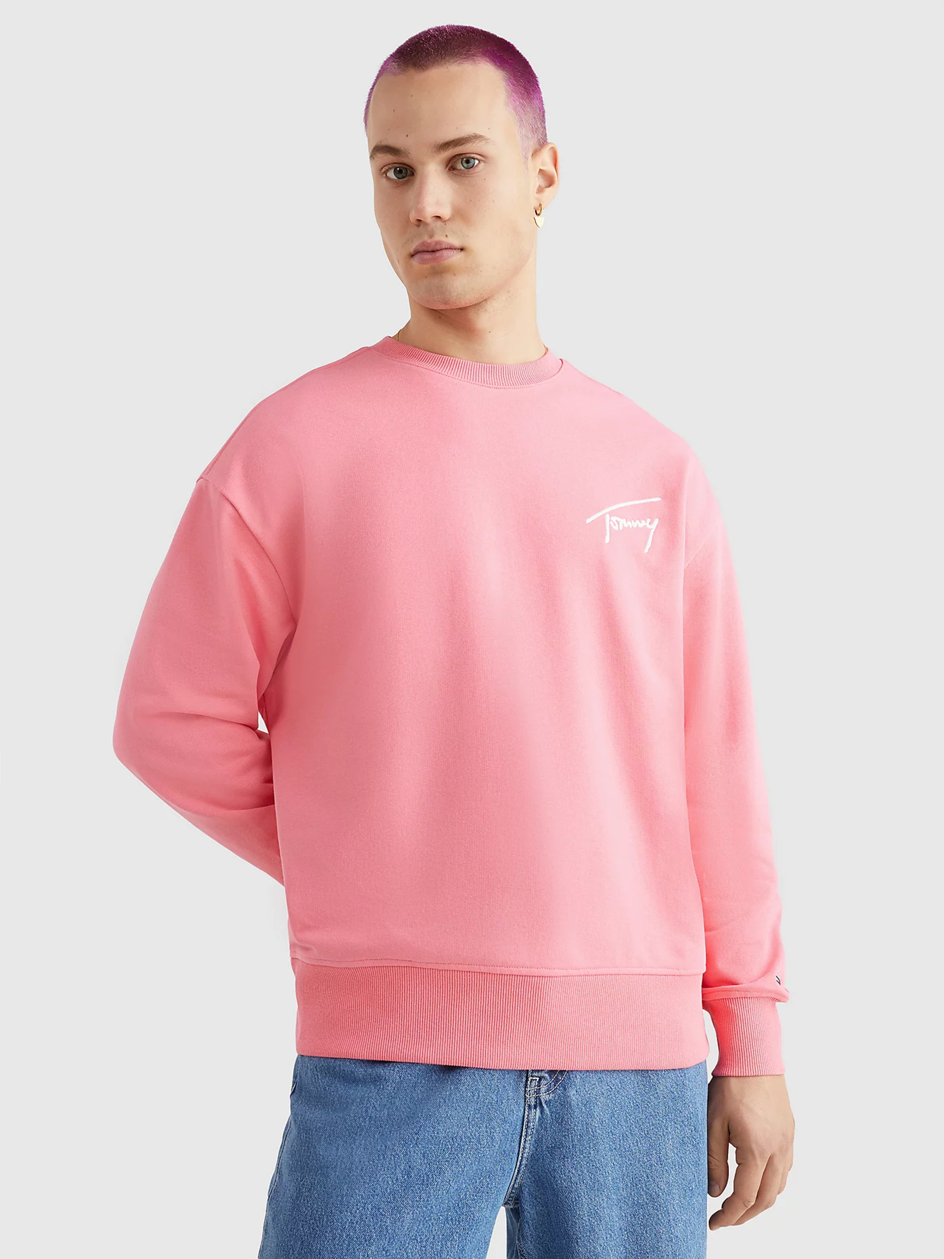 Tommy Jeans pánská růžová mikina SIGNATURE CREW - XL (TIF)