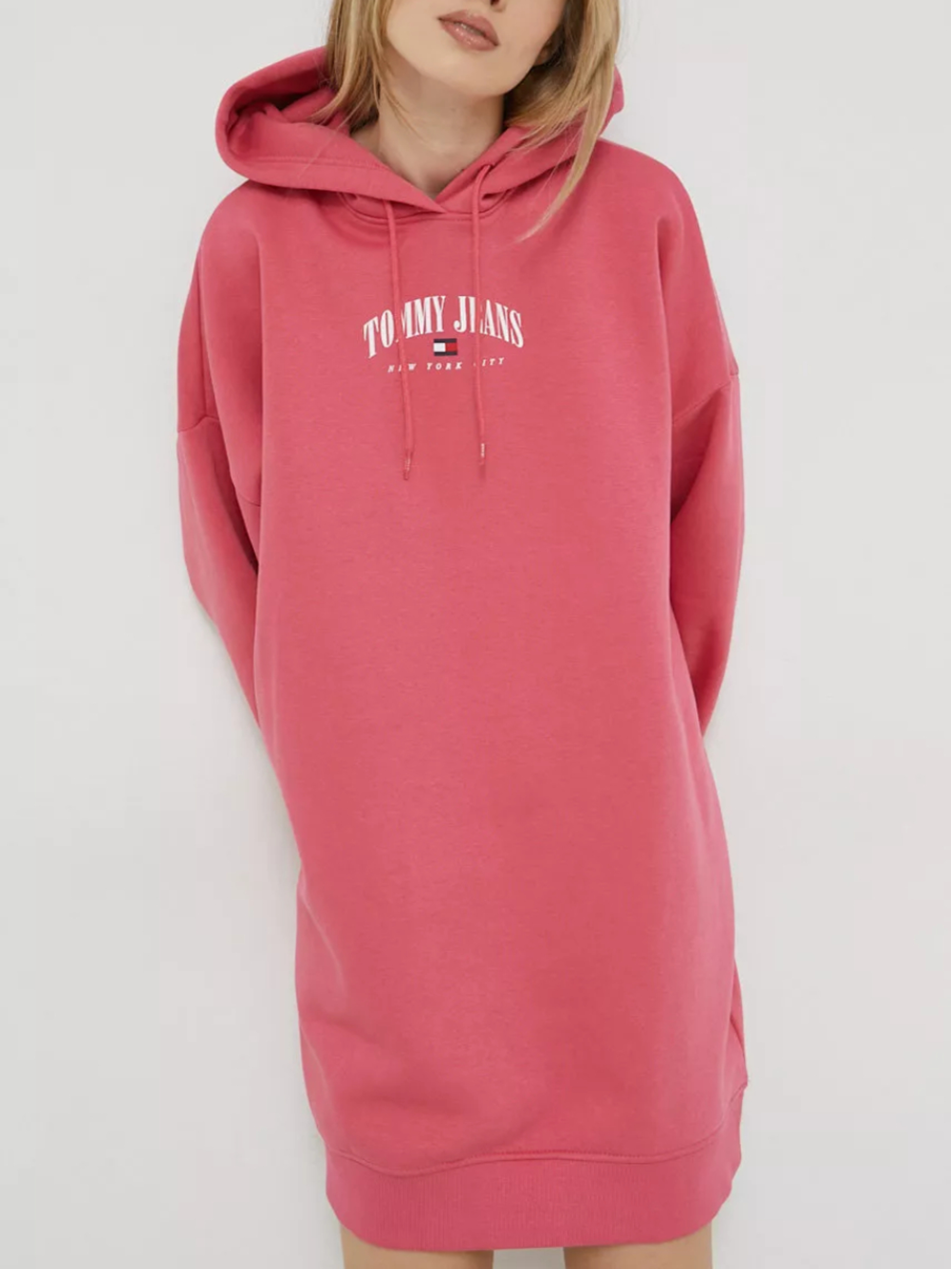 Tommy Jeans dámské růžové mikinové šaty ESSENTIAL LOGO 2 HOOD DRES - S (XI4)