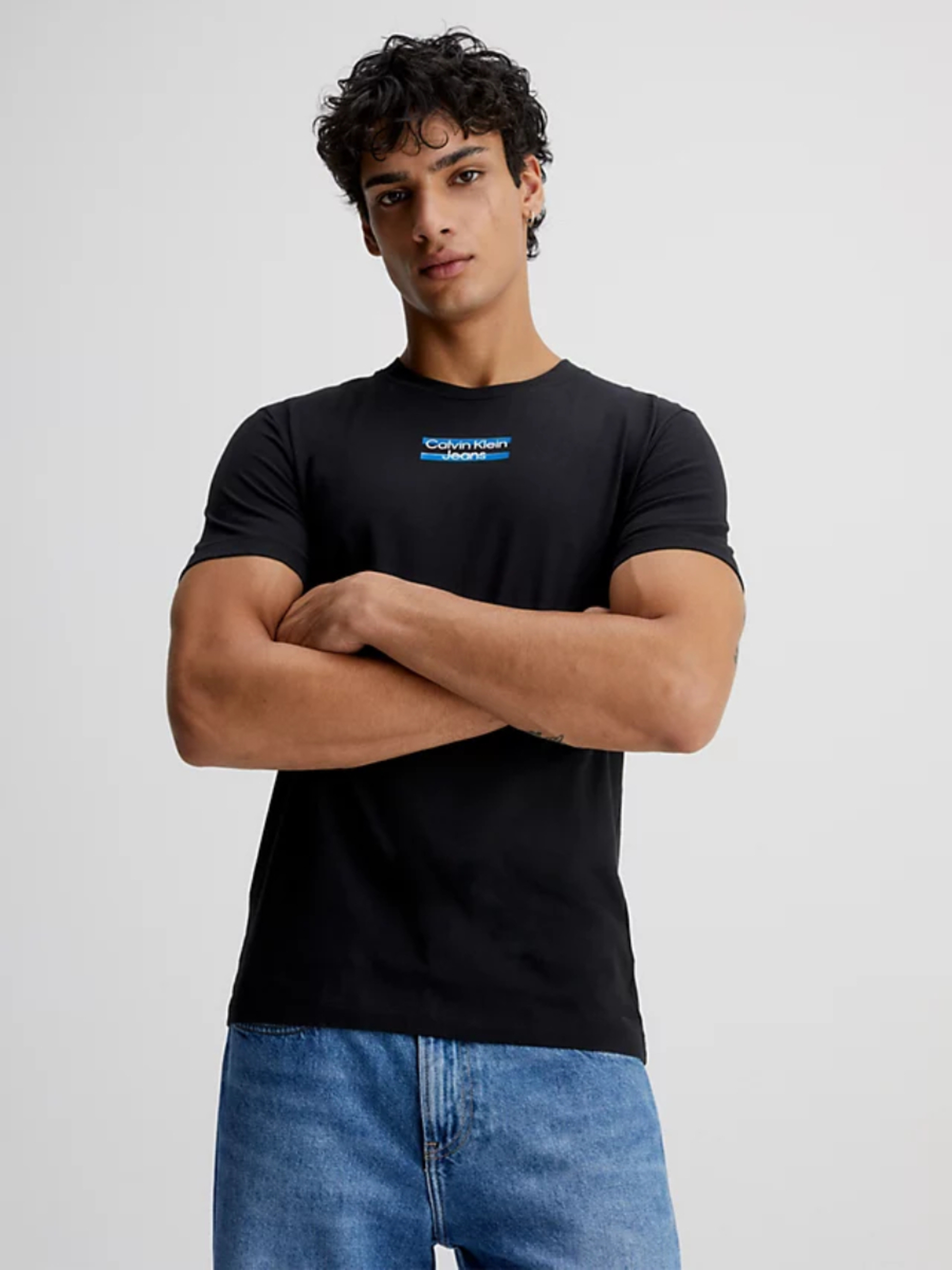 Calvin Klein pánské černé tričko TRANSPARENT STRIPE LOGO - L (BEH)