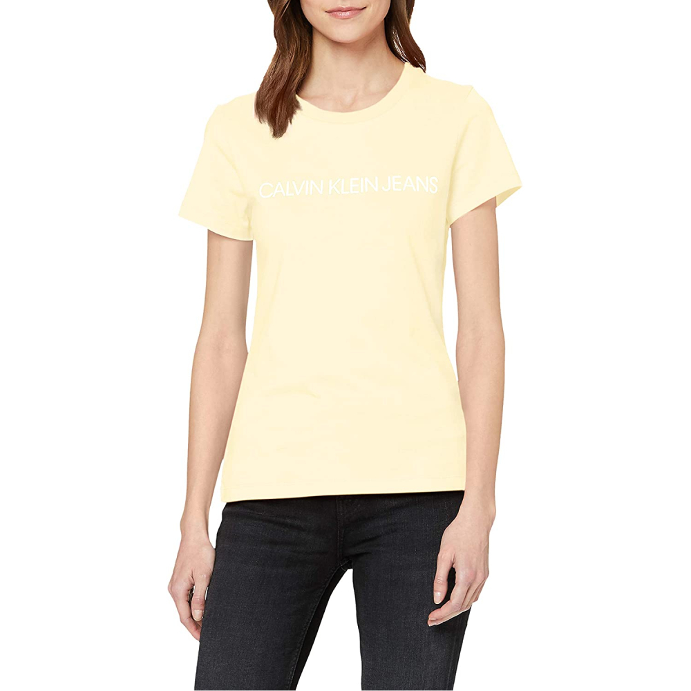 Calvin Klein dámské světle žluté tričko Logo - XS (ZHH)