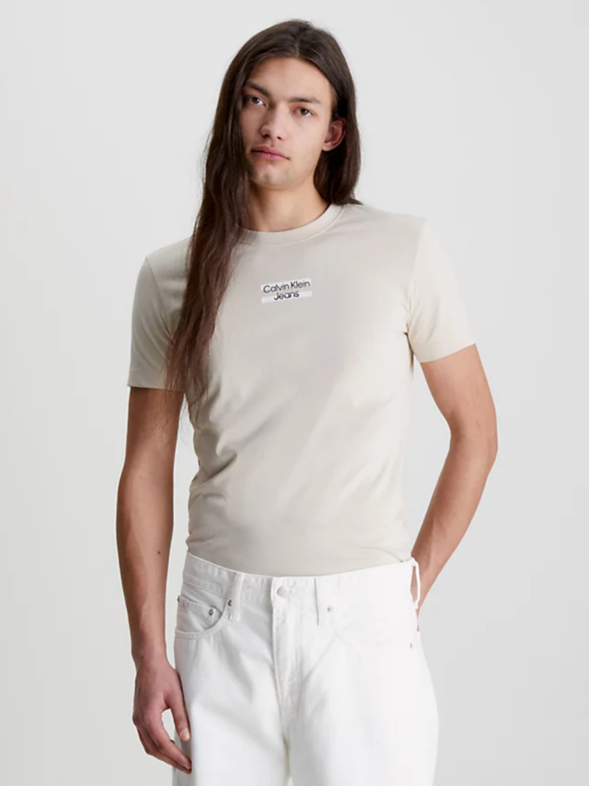 Levně Calvin Klein pánské béžové tričko TRANSPARENT STRIPE LOGO