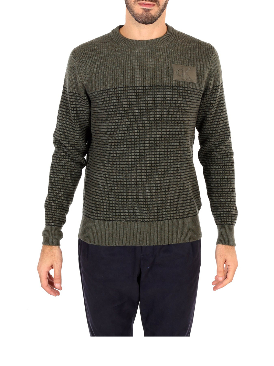 Calvin Klein pánský khaki zelený pruhovaný svetr - XXL (LDD)