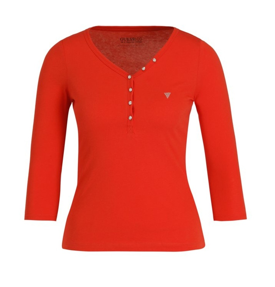 Guess dámské červené tričko do V s 3/4 rukávy - S (FICR)