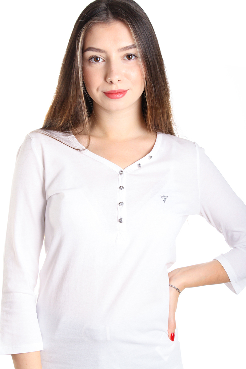 Guess dámské bílé tričko do V s 3/4 rukávy - XS (TWHT)