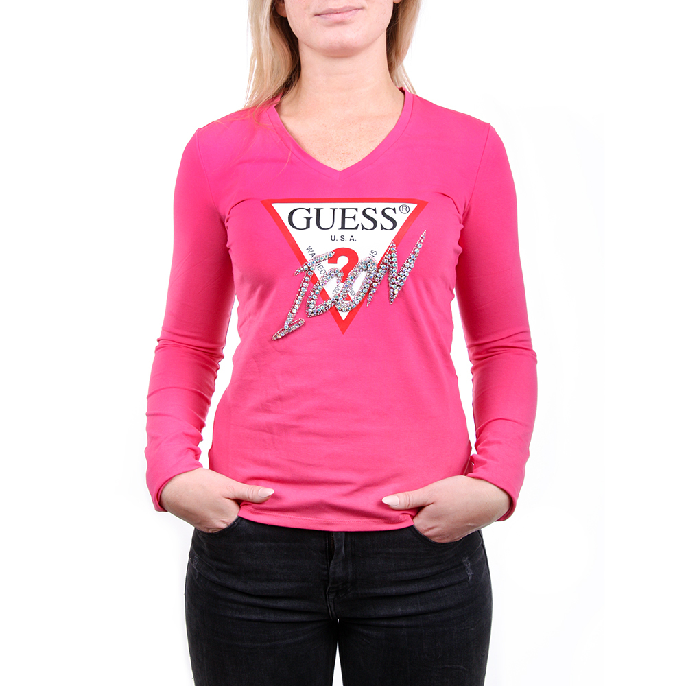 Guess dámské růžové tričko s dlouhým rukávem - XS (EXR)