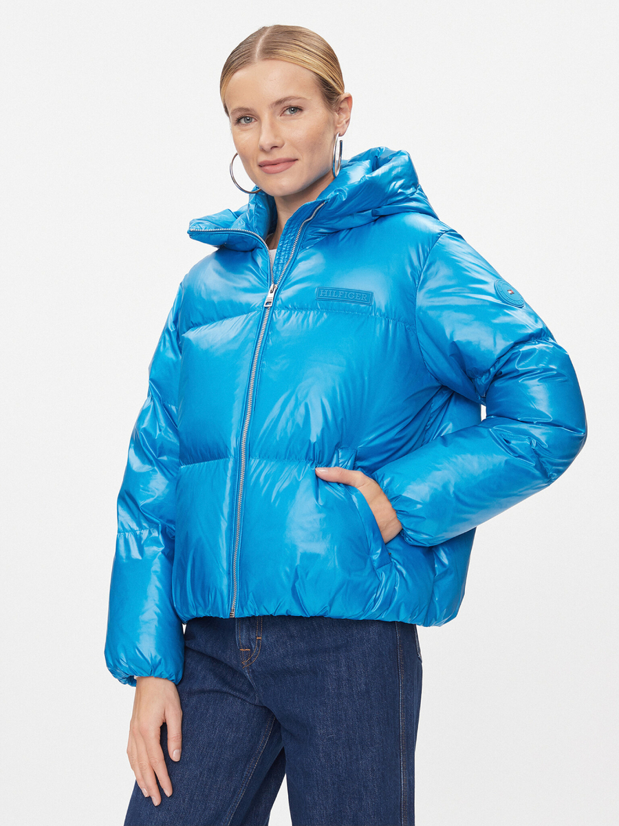 Tommy Hilfiger dámská modrá péřová bunda s kapucí - XS (CZU)