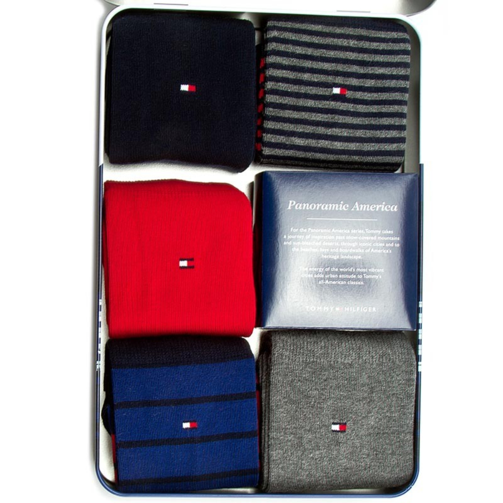 Tommy Hilfiger pánské šedo modro červené ponožky dárkové balení - 39 (85)