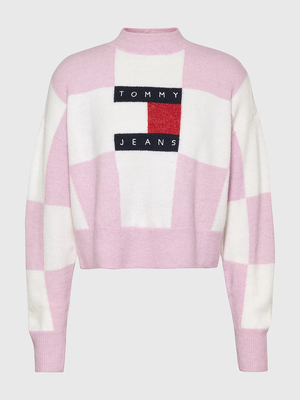 Tommy Jeans dámský růžovo-bílý svetr CHECKER FLAG  - S (0JW)