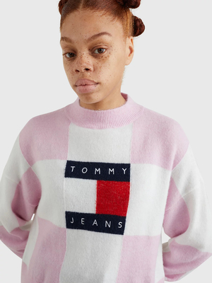 Tommy Jeans dámský růžovo-bílý svetr CHECKER FLAG  - S (0JW)