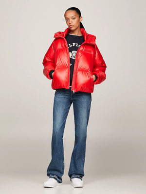 Tommy Hilfiger dámská červená péřová bunda s kapucí - M (SNE)
