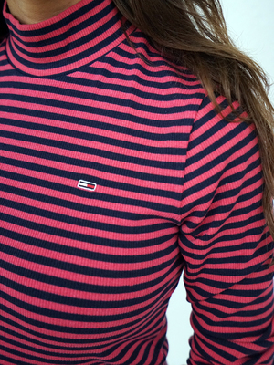 Tommy Jeans dámské modro růžové žebrované tričko s rolákem - L (0X1)