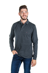 Tommy Hilfiger pánské šedé polo s dlouhým rukávem