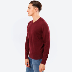 Tommy Hilfiger pánský vínový svetr s výstřihem do V - S (XTP)