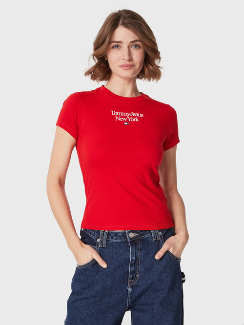 Tommy Jeans dámské červené tričko ESSENTIAL LOGO