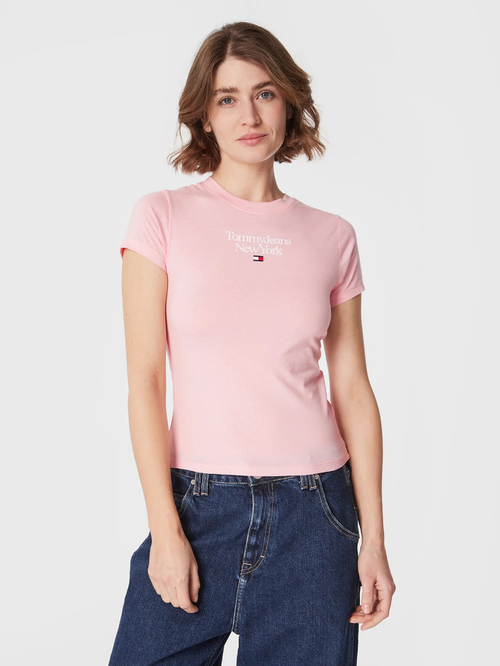 Tommy Jeans dámské růžové tričko ESSENTIAL LOGO