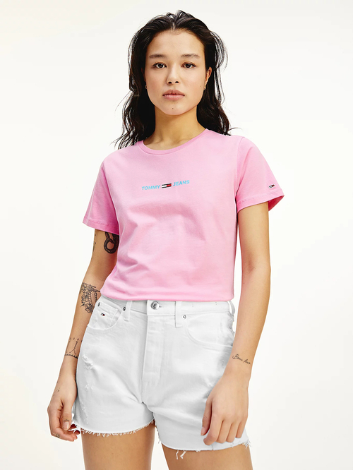 Tommy Jeans dámské růžové triko SLIM MULTI LINEAR LOGO