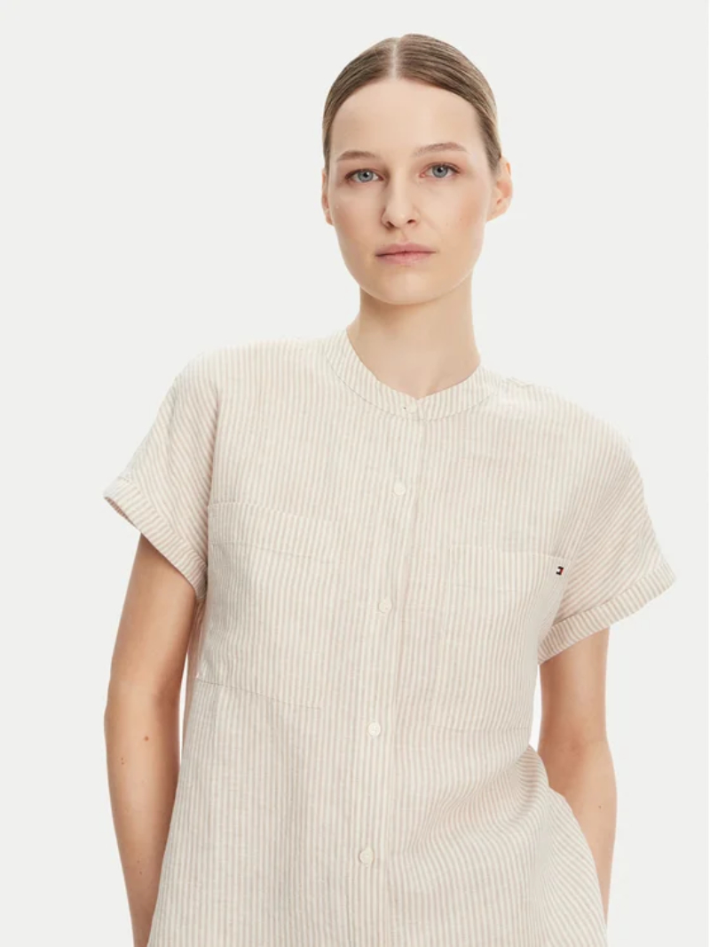 detail Tommy Hilfiger dámská béžová pruhovaná lněná košile