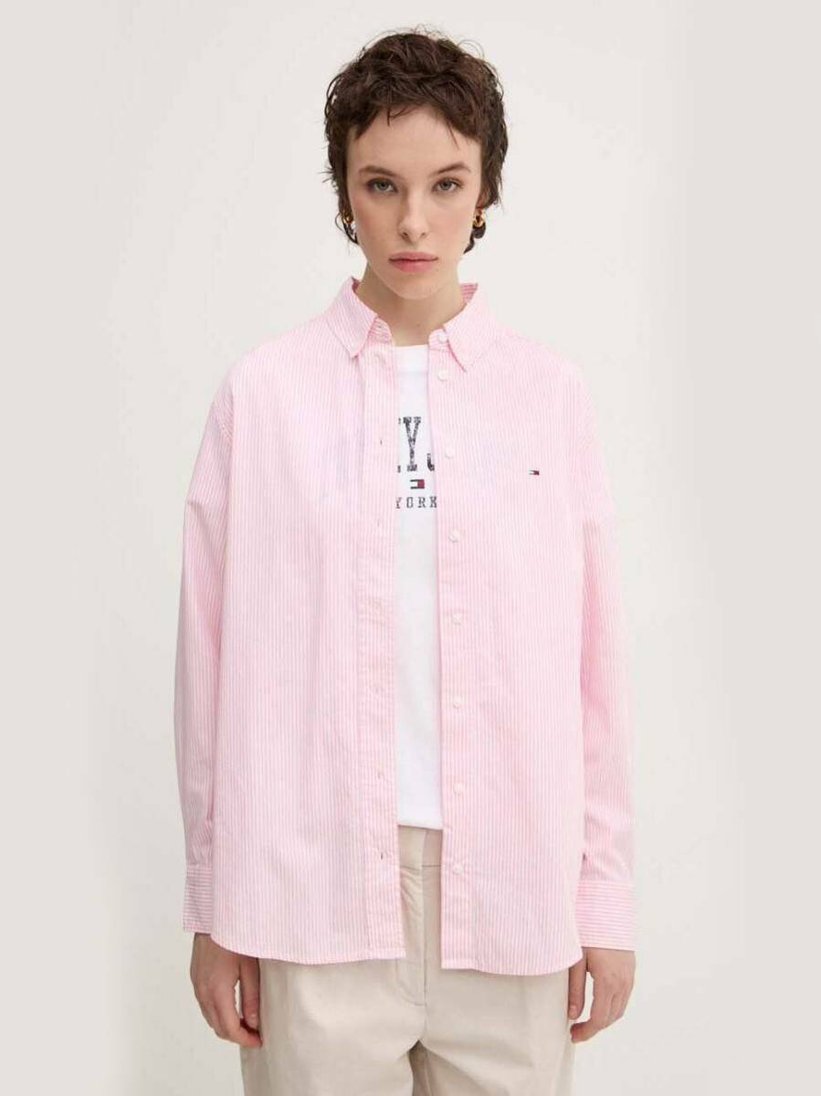 detail Tommy Jeans dámská růžovo-bílá košile