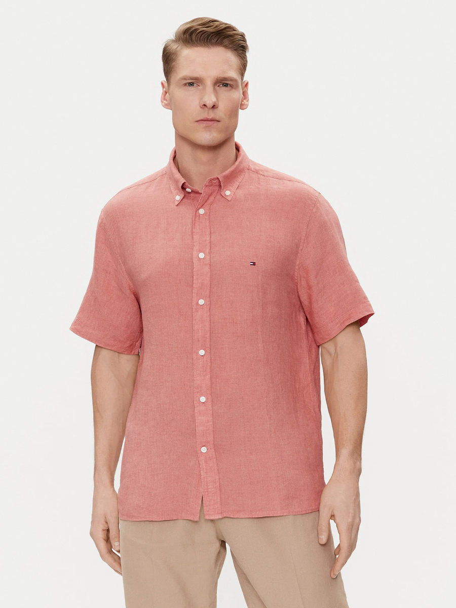 detail Tommy Hilfiger pánská lněná růžová košile