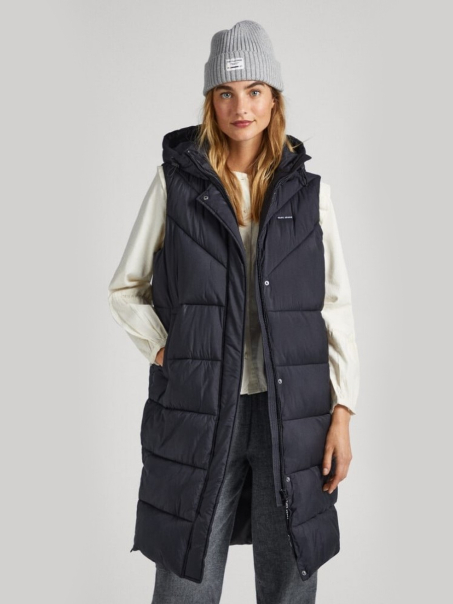 detail Pepe Jeans dámská černá dlouhá vesta