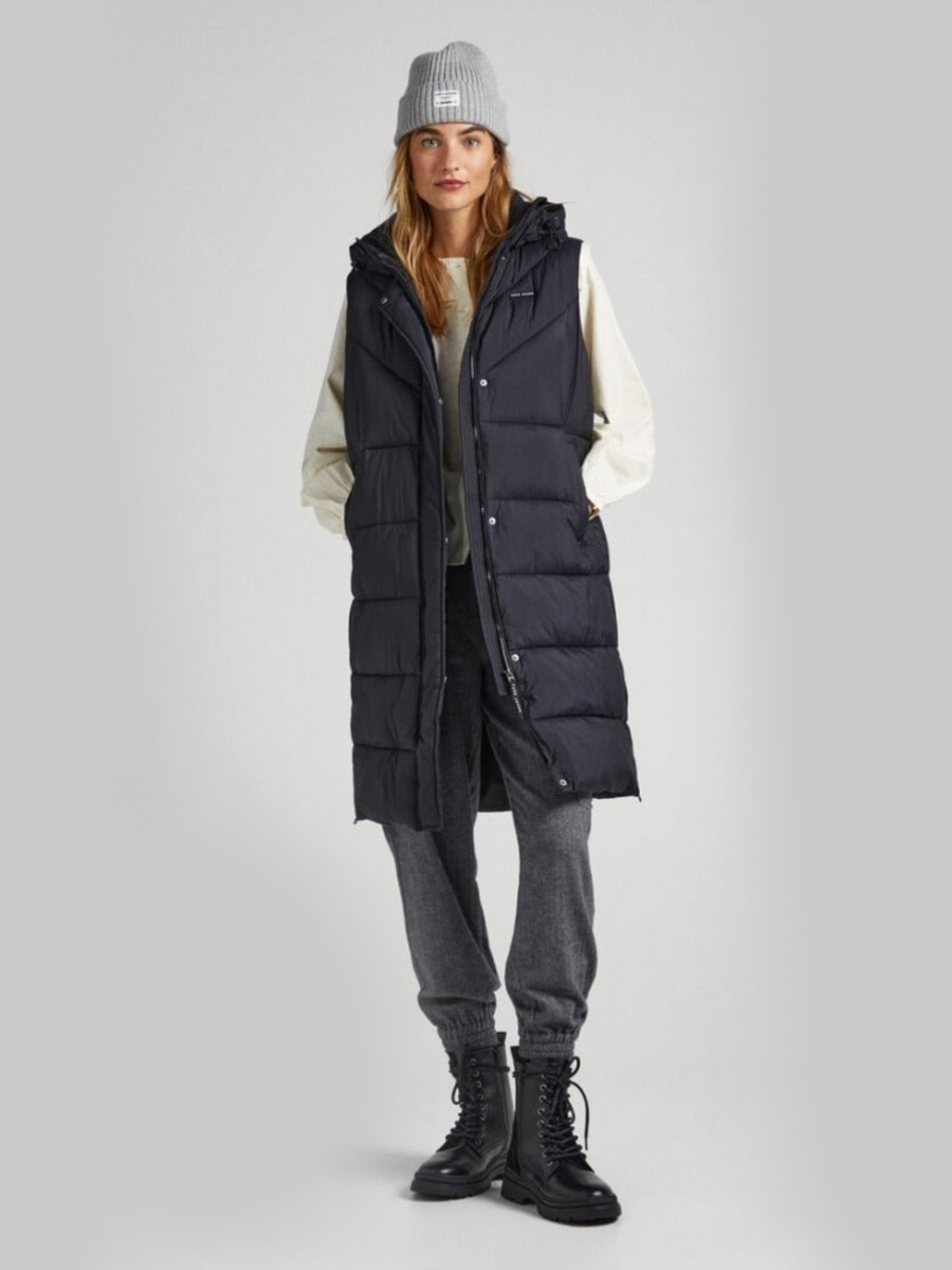 detail Pepe Jeans dámská černá dlouhá vesta