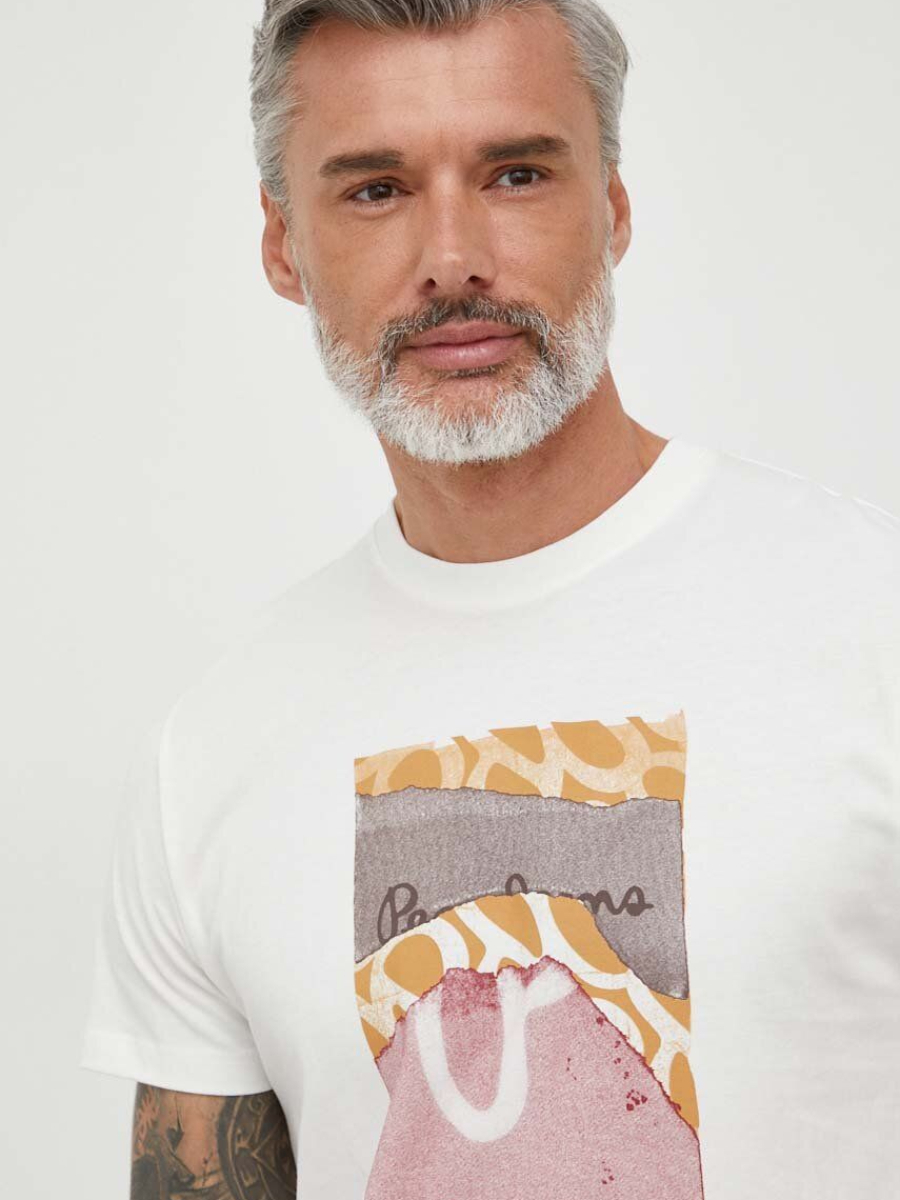 detail Pepe Jeans pánské krémové tričko