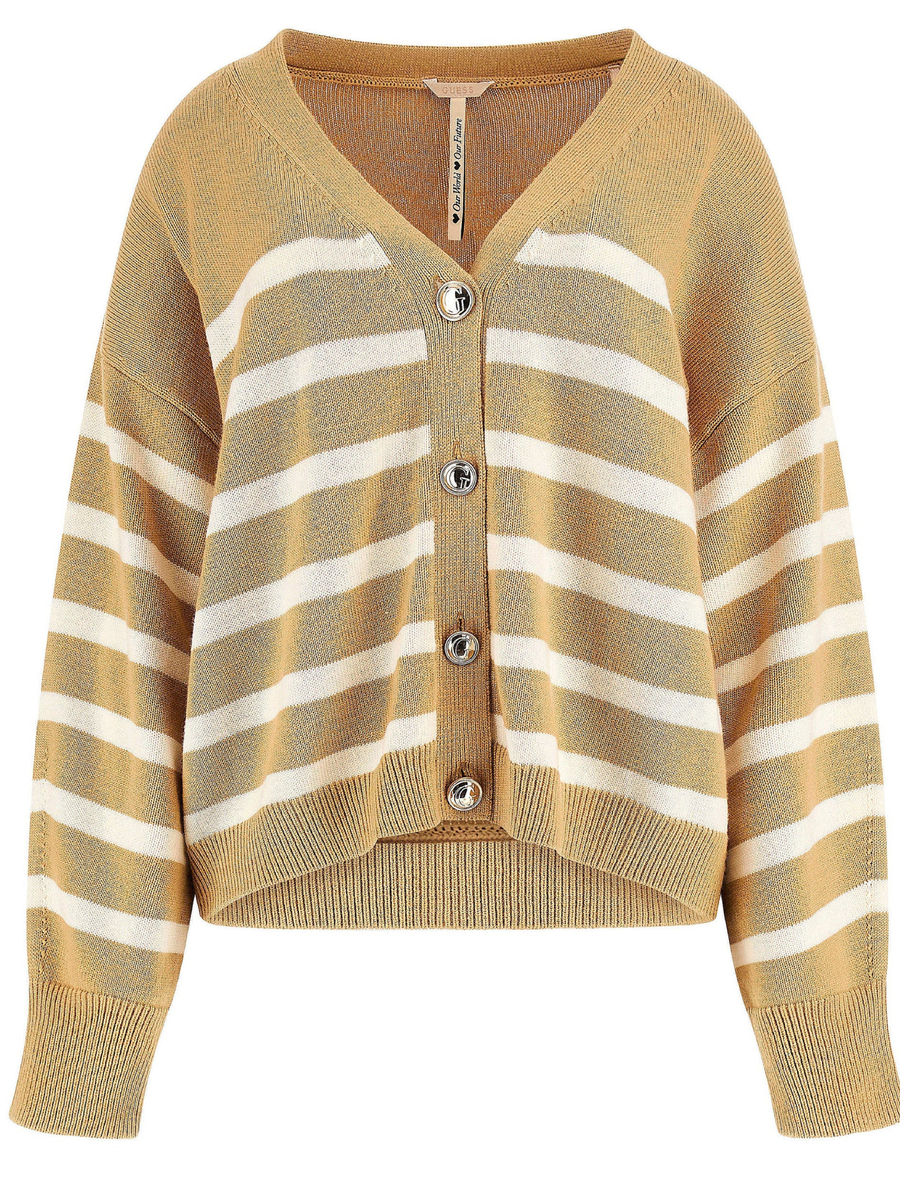 detail Guess dámský hnědý pruhovaný svetr