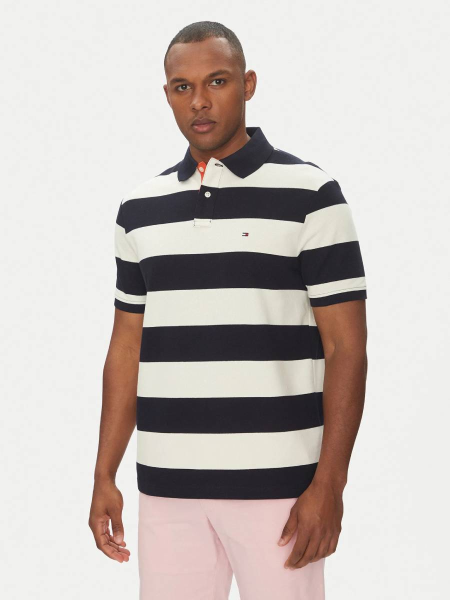 detail Tommy Hilfiger pánské modro krémové pruhované polotričko