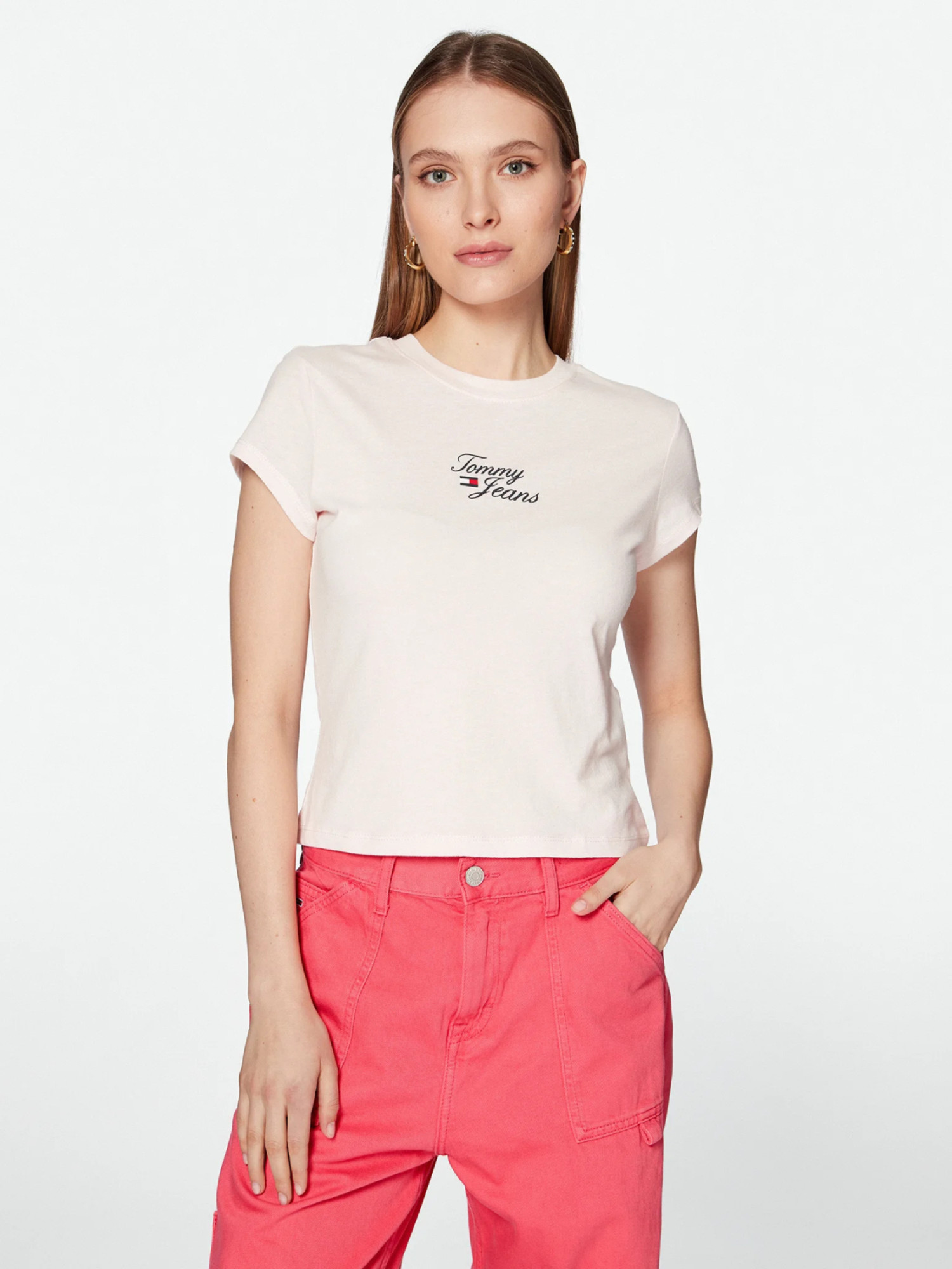 detail Tommy Jeans dámské světle růžové tričko