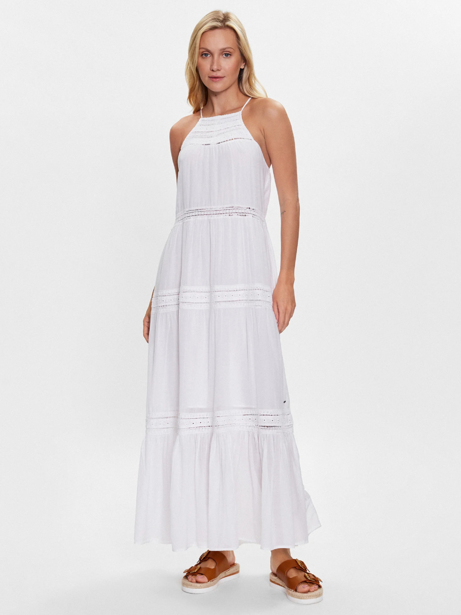 detail Pepe Jeans dámské bílé maxi šaty