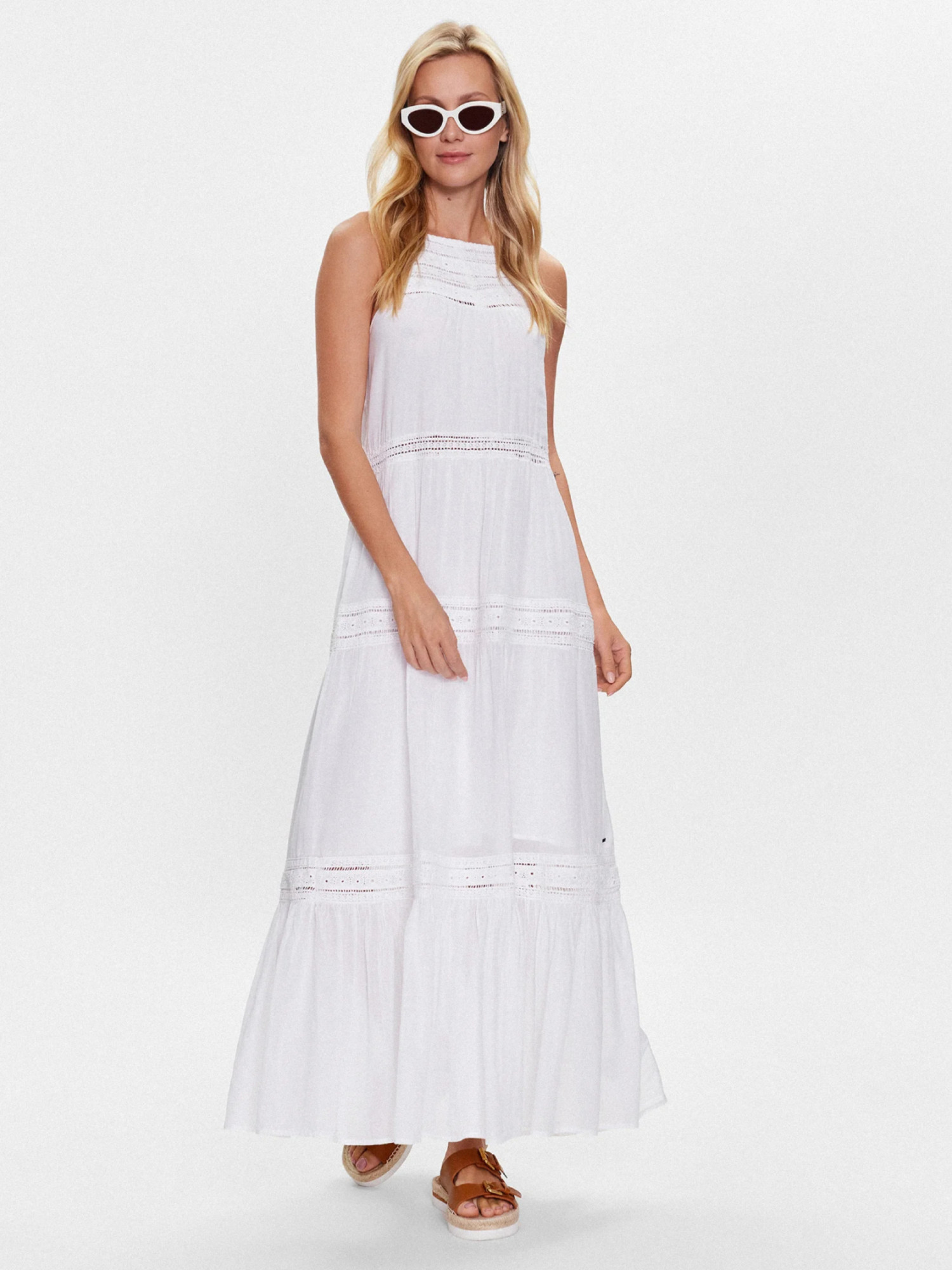 detail Pepe Jeans dámské bílé maxi šaty