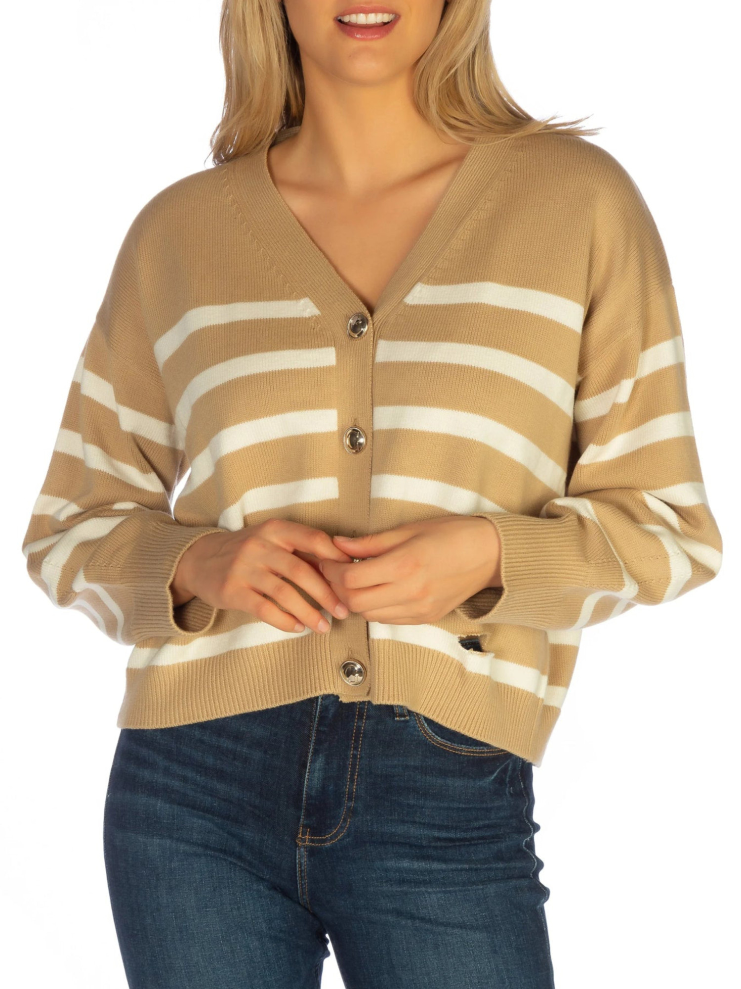 detail Guess dámský hnědý pruhovaný svetr