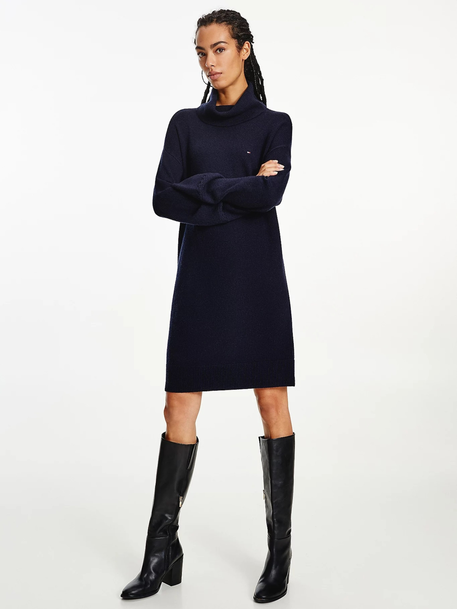 detail Tommy Hilfiger dámské modré pletené šaty Softwool