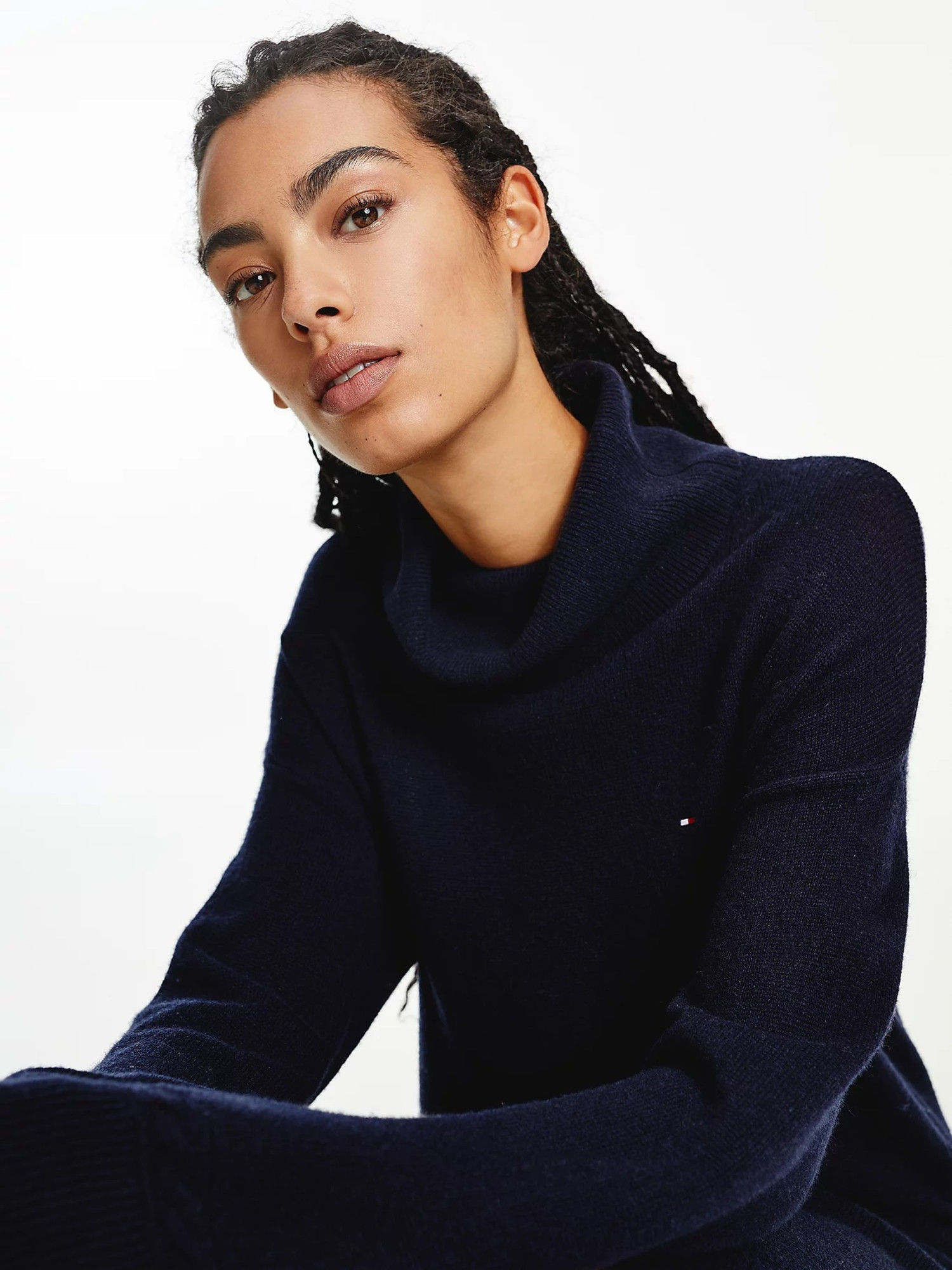 detail Tommy Hilfiger dámské modré pletené šaty Softwool