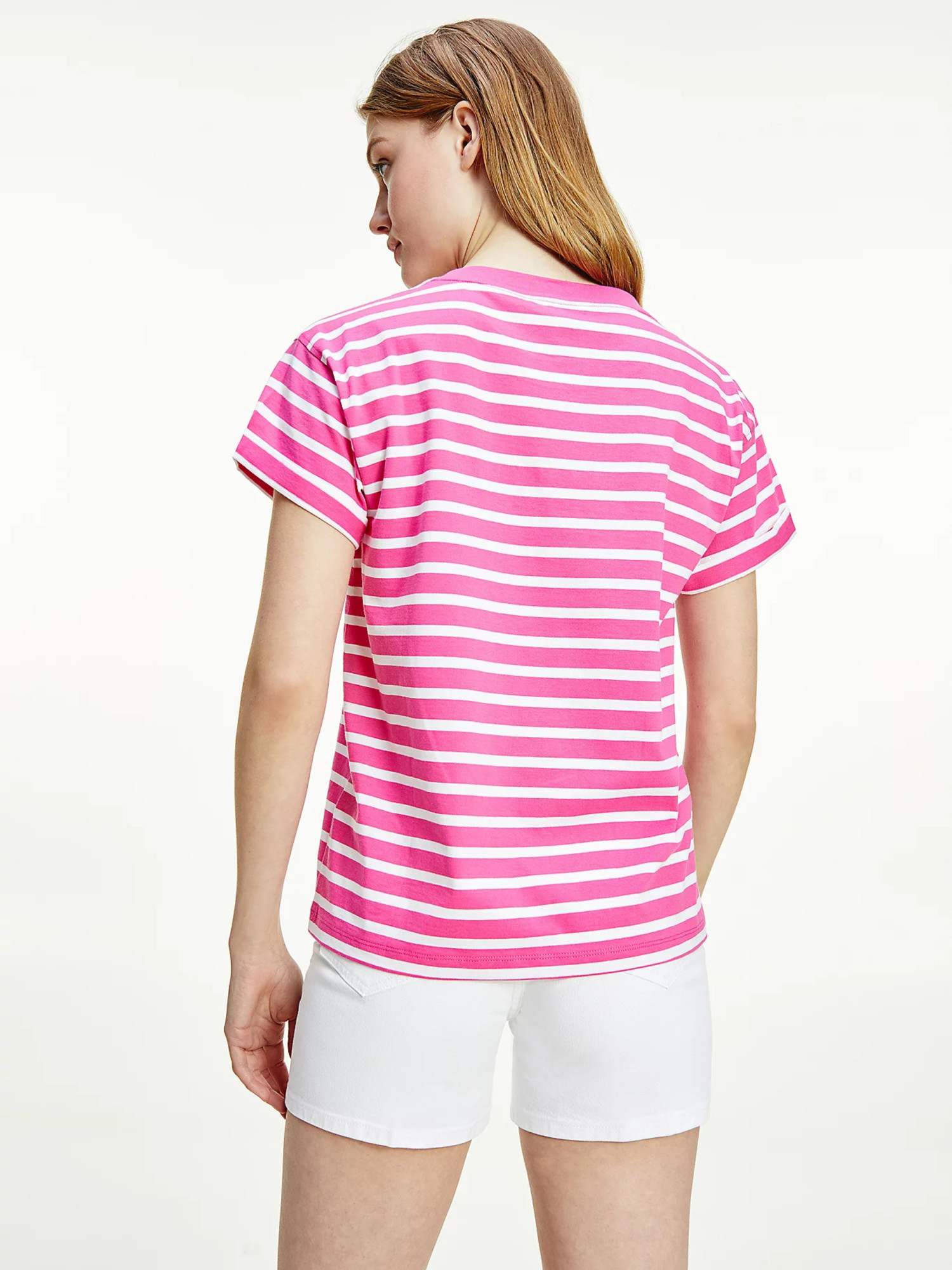 detail Tommy Hilfiger dámské růžové pruhované tričko