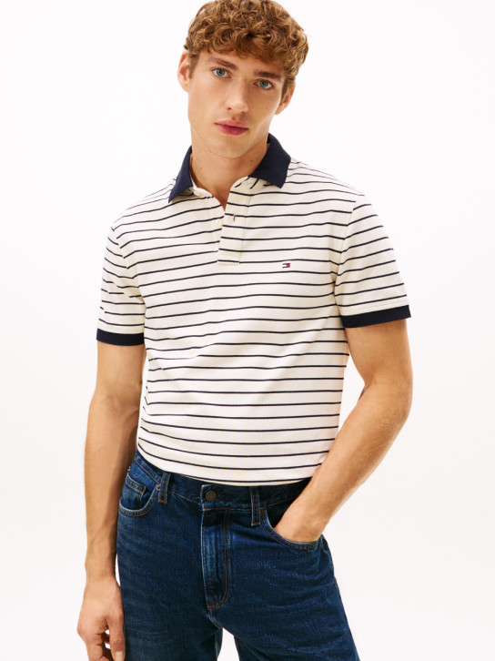   Tommy Hilfiger pánské modro krémové pruhované polotričko