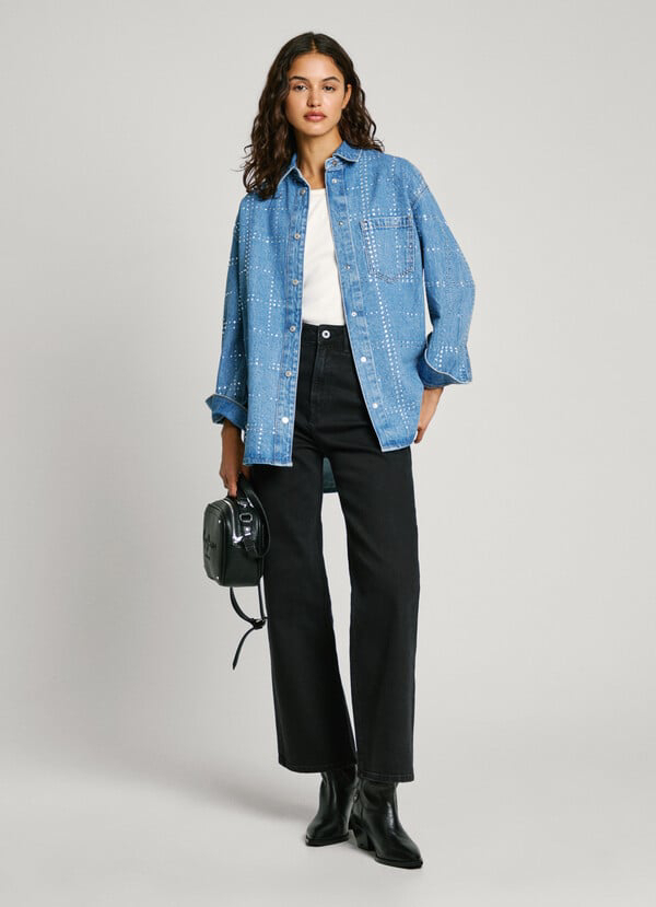 detail Pepe Jeans dámská denimová košile OVERSHIRT GLITTER